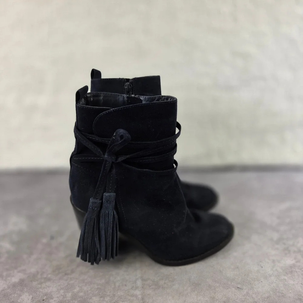 Clifton Navy Blue Faux Suede Tassel Ankle Boots Block Heel Women 7M